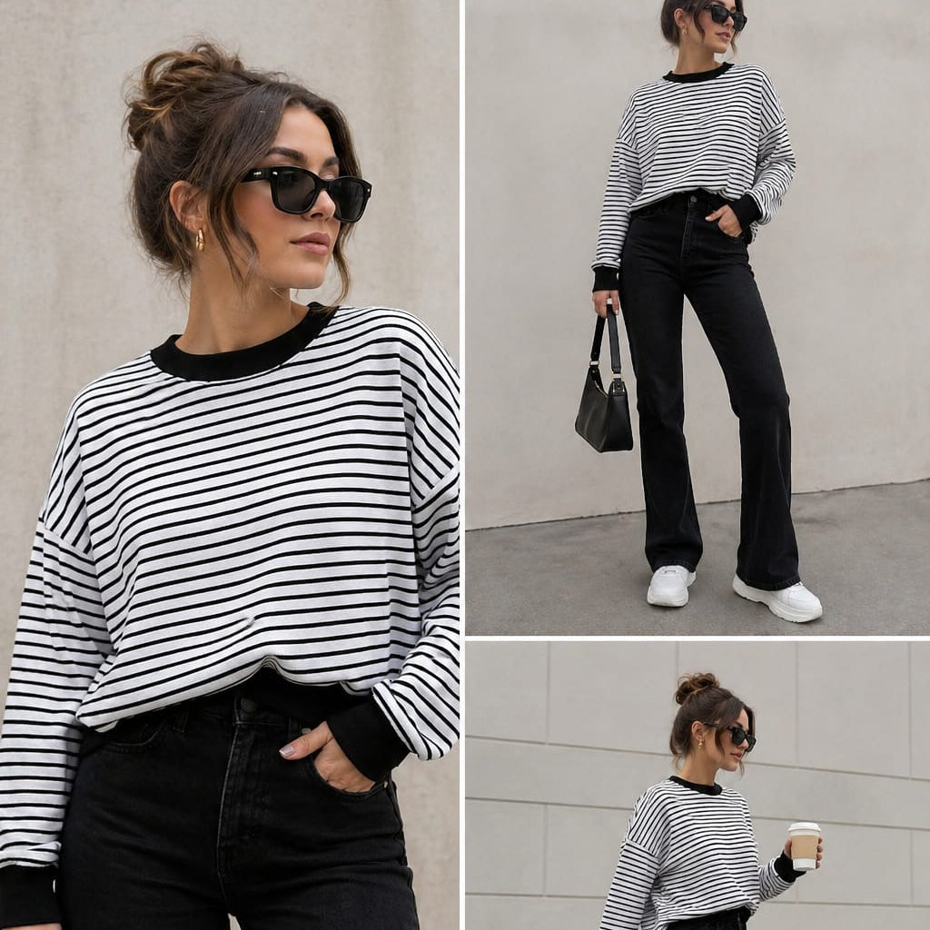 Bluza w Czarne Paski Oversize Bawełniana