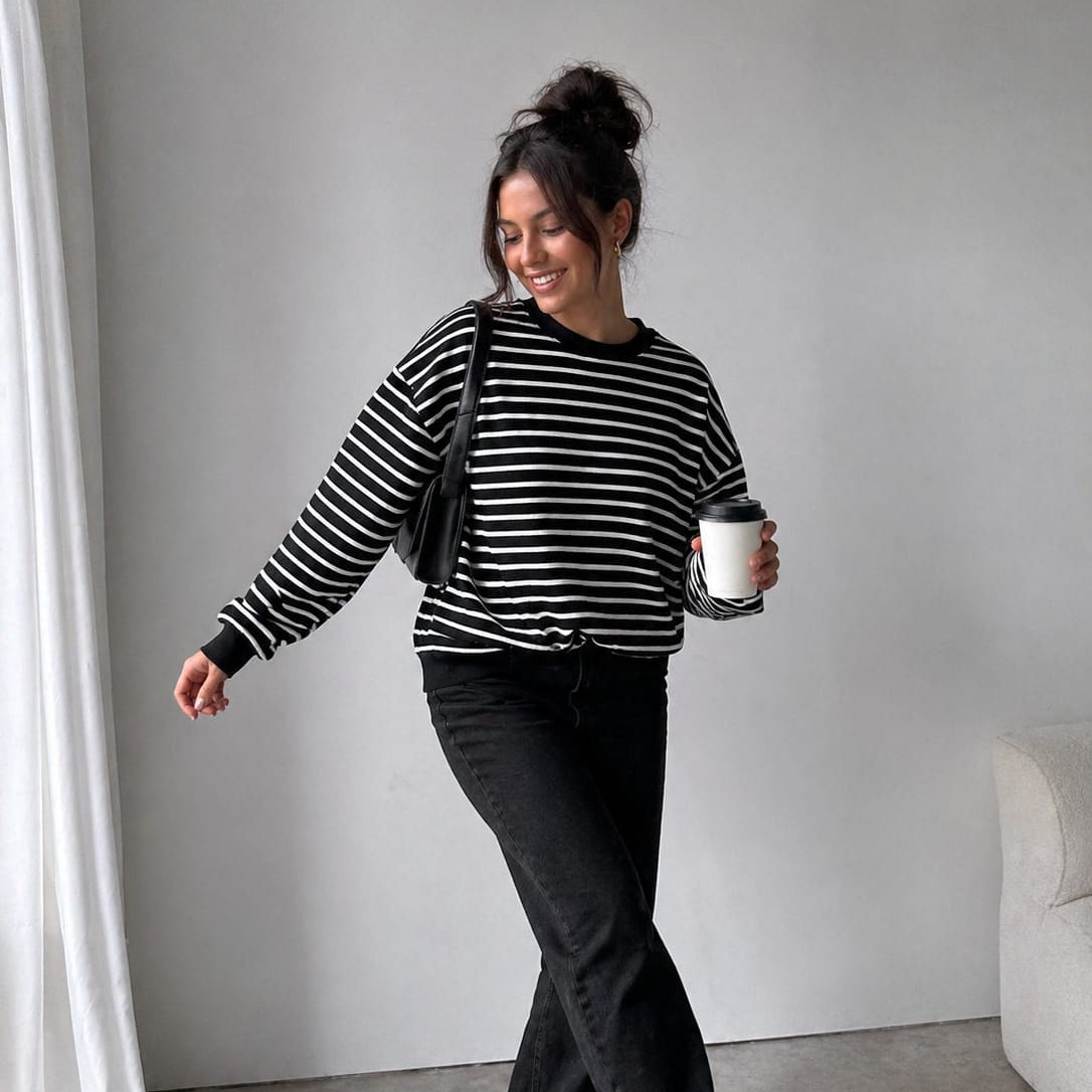 Bluza w Czarne Paski Oversize Bawełniana