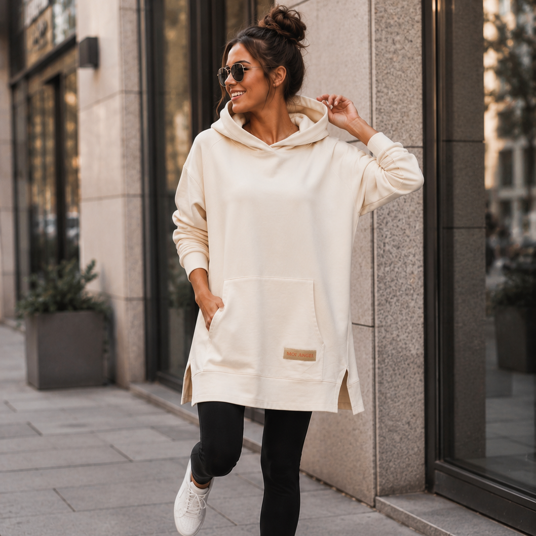 Długa Bluza Oversize z Kapturem Damska – Modna Tunika Hoodie