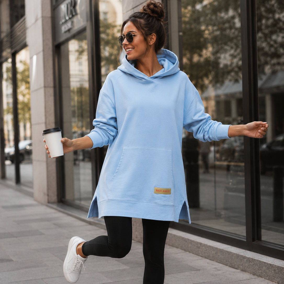 Długa Bluza Oversize z Kapturem Damska – Modna Tunika Hoodie